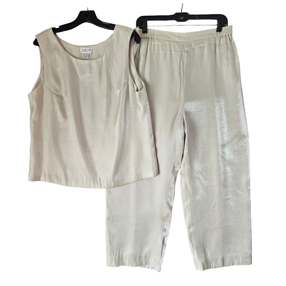 Talbots Vintage Champagne Shimmer 2 Piece Pant Set Tank Wide Leg Crop Size 14/16